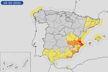 La Aemet activa alertas rojas por lluvias torrenciales en Alicante y Valencia el domingo 18 de octubre. (Aemet)