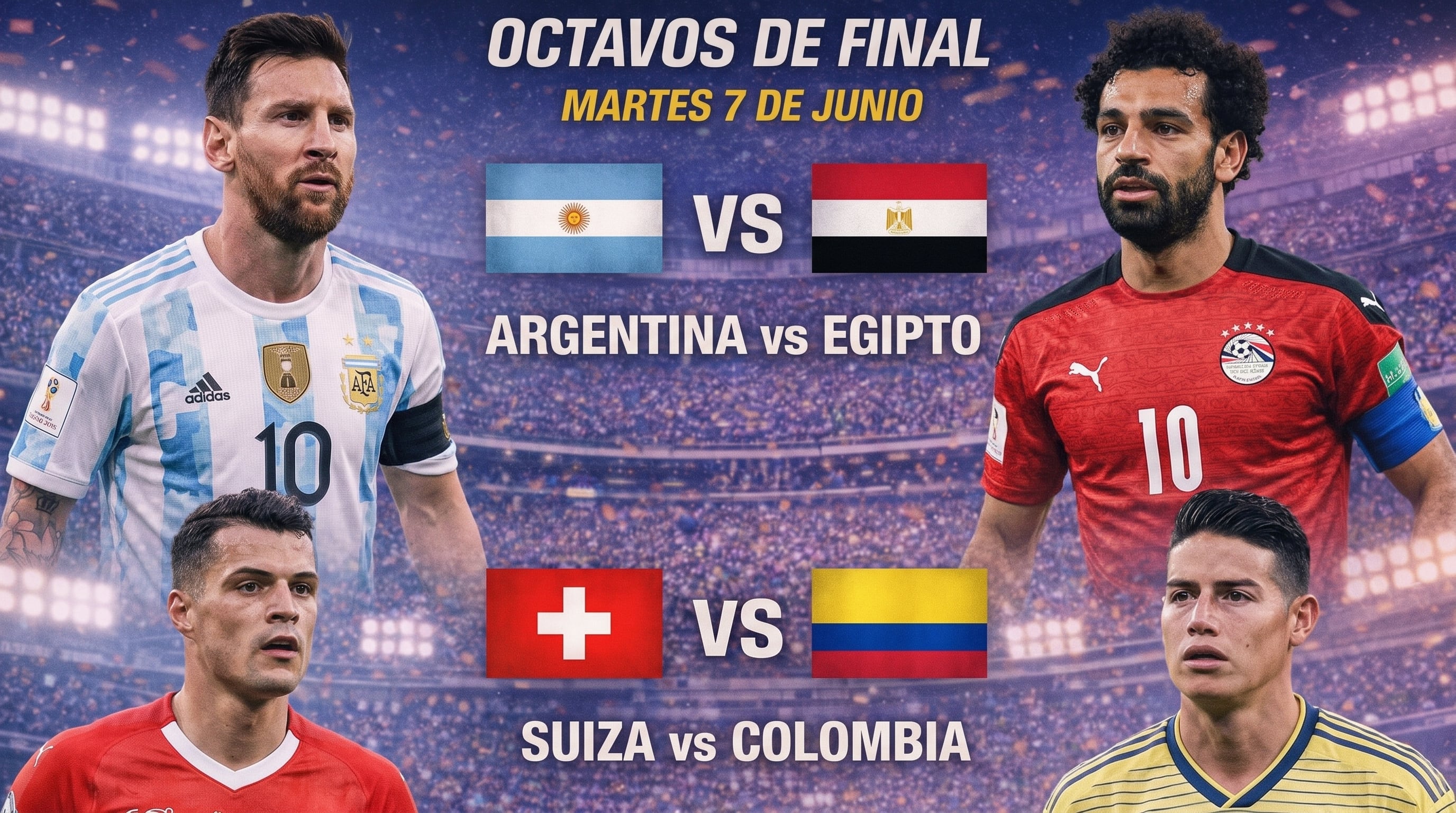 Los octavos de final del Mundial 2026 se cerrarán con los cruces entre Argentina y Egipto en Atlanta, y entre Suiza y Colombia en Vancouver - crédito Imagen Ilustrativa Infobae
