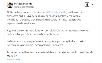 El secretario de movilidad Mateo González Benítez informó sobre los hechos de violencia que se presentaron en operativo de tránsito. La ciudadanía actuó con agresividad - crédito @mateogonzalezb/X