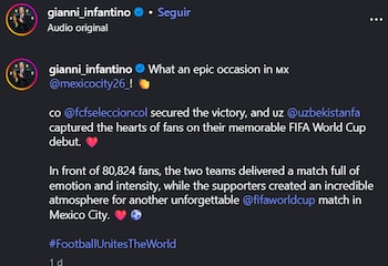 El presidente de la FIFA exaltó el ambiente Tricolor en el estadio Ciudad de México-crédito @gianni_infantino/Instagram