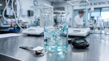 Un vaso de precipitados con líquido, una cuchara con polvo blanco y un cronómetro digital se ubican sobre una mesa metálica.
