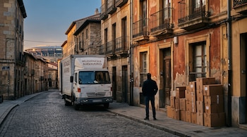 Camión de mudanzas estacionado en calle adoquinada, un hombre de espaldas junto a cajas de cartón apiladas y un estadio de fondo.