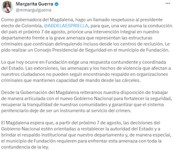 La gobernadora del Magdalena solicitó a De la Espriella que priorice una intervención integral en el departamento - crédito @mmarguiguerra/X