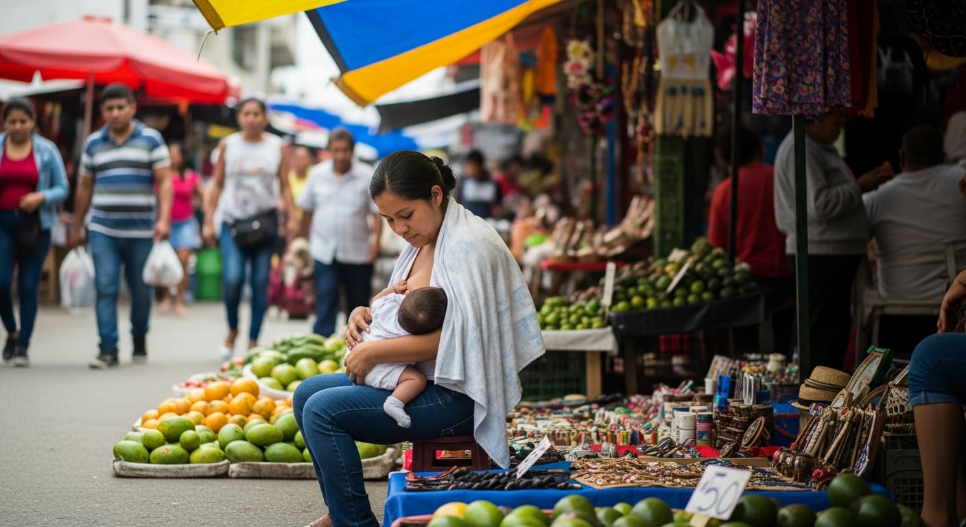 Una madre amamanta a su bebé mientras está sentada en un puesto de venta en un mercado informal al aire libre, con frutas y artículos variados a su alrededor y personas transitando. (Imagen Ilustrativa Infobae)