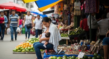 Una mujer sentada amamanta a un bebé. A su alrededor hay puestos de venta con frutas, ropa y artesanías. En el fondo, varias personas caminan.