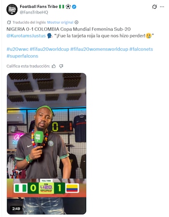 El medio de comunicación Football Fans Tribe, de Nigeria, aseguró que la derrota de su selección ante Colombia se dio por la tarjeta roja - crédito @FansTribeHQ/X