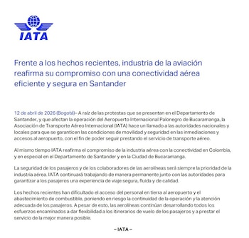 Iata advierte que los bloqueos han generado dificultades en el ingreso de personal y en el suministro de combustible en el aeropuerto de Bucaramanga - crédito Iata