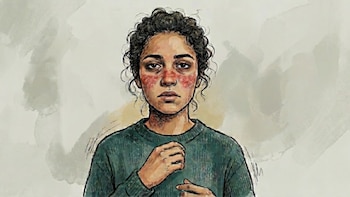Pintura de una mujer con cabello oscuro y rizado, y expresión seria. Su rostro tiene marcas rojas alrededor de los ojos y mejillas. Viste un suéter verde oscuro