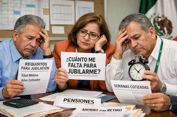 Tres burócratas en una mesa con papeles sobre jubilación. Un hombre sujeta un reloj despertador y la mujer un cartel que dice "¿CUÁNTO ME FALTA PARA JUBILARME?".