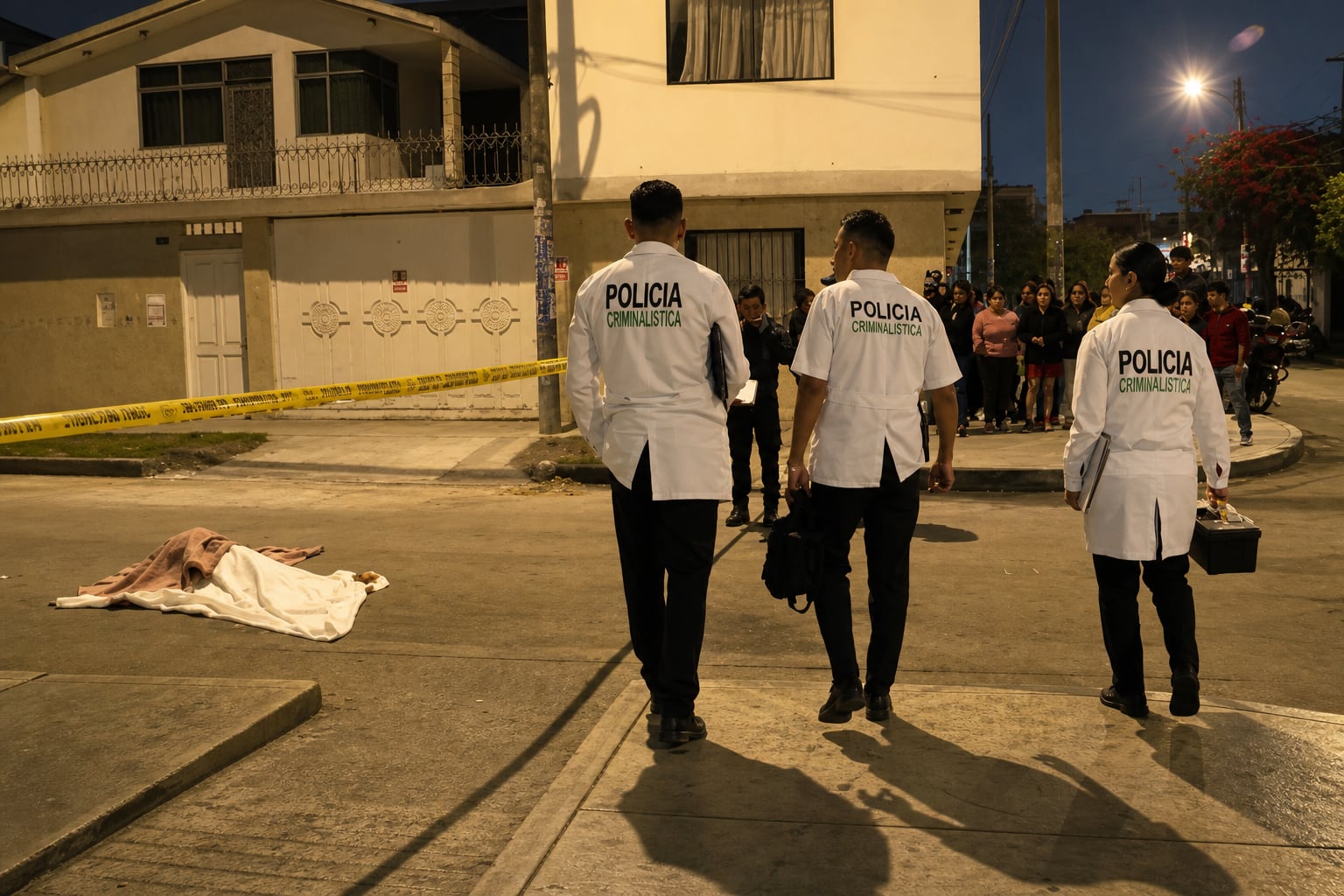 Peritos de la Policía Criminalística trabajan en la escena donde un hombre asesinó a su esposa y a su hijo en el distrito de Santa Anita.