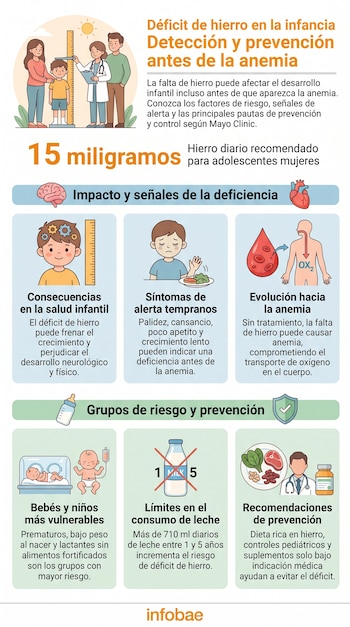 Infografía con texto sobre déficit de hierro en la infancia, ilustraciones de familia con médico, síntomas, evolución a anemia, grupos de riesgo y prevención.