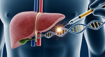 Ilustración de un torso humano con un hígado en primer plano, una jeringa inyectando en una doble hélice de ADN con partículas brillantes.