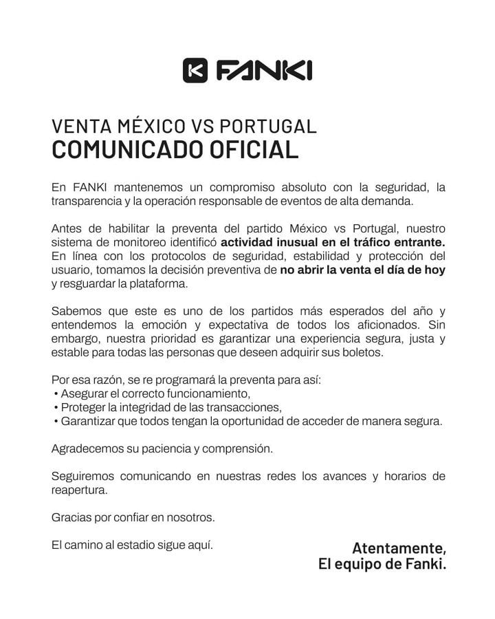 Fanki canceló la venta de boletos para el partido entre México y Portugal (Fanki)