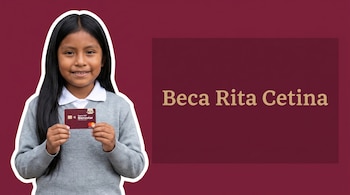 Foto-ilustración editorial con fondo borgoña. Una niña mexicana sonriente sostiene una tarjeta de débito Banco del Bienestar junto al texto 'Beca Rita Cetina'.