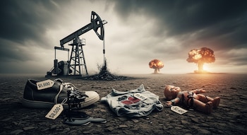 Imagen oscura con un pozo petrolero derramando crudo, un zapato, una camiseta y una muñeca manchados, y explosiones tipo hongo en el horizonte.