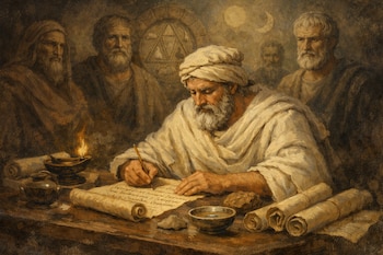 Pintura de Empédocles con barba y turbante, escribiendo con una pluma sobre un pergamino iluminado por una lámpara. Al fondo, figuras de otros filósofos.