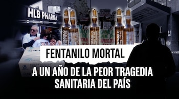 Composición visual con ampolletas de fentanilo en el centro, personas y un edificio HLB Pharma al fondo, con una silueta humana a la derecha y texto superpuesto.