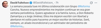 A través de sus redes, Faitelson aseguró que su etapa como columnista en Reforma lo convirtió en un mejor escritor de historias. (X/ @DavidFaitelson_)