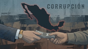 Ilustración de dos manos intercambiando dinero en efectivo. La mano izquierda viste un traje y reloj de oro. La silueta oscura de México y la palabra "CORRUPCIÓN" están al fondo.