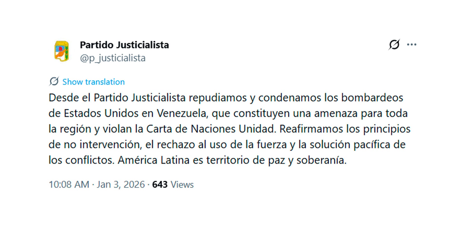 El Partido Justicialista emitió un comunicado de repudio del ataque dirigido por Trump