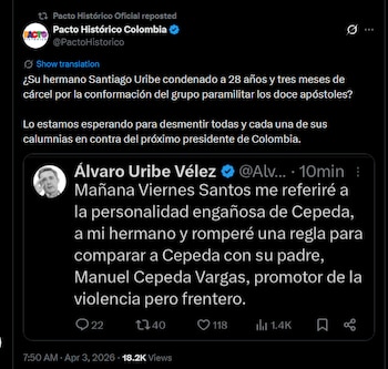 La confrontación se da en medio de una escalada de acusaciones entre Uribe y Cepeda, que incluye señalamientos sobre presuntos vínculos con el narcotráfico, el paramilitarismo y la violencia política - crédito @PactoHistorico/X