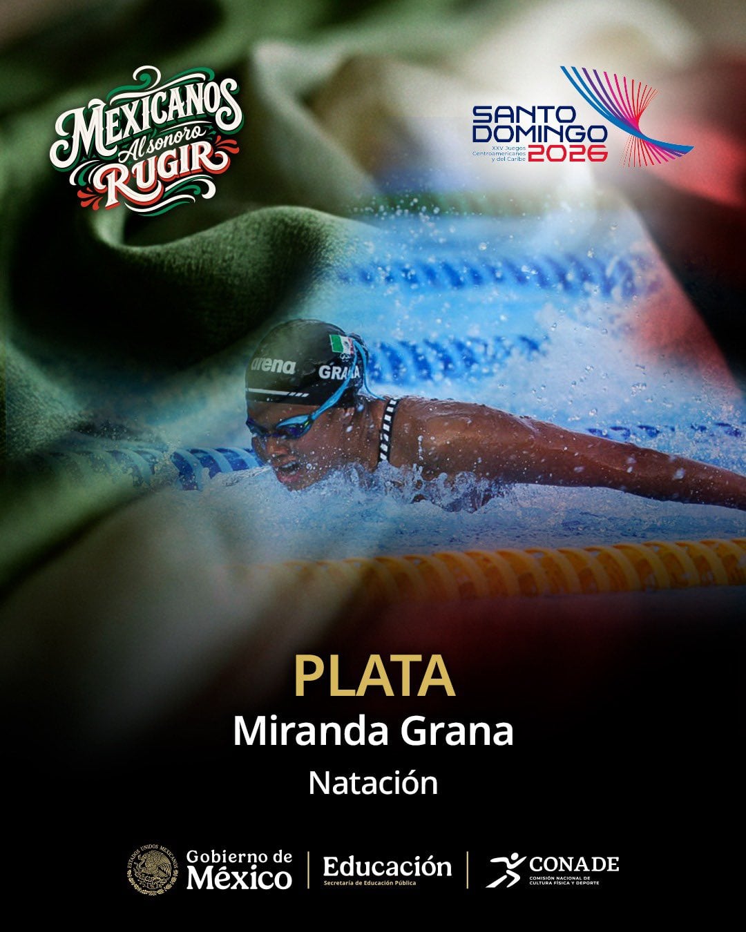 La nadadora Miranda Grana compite en una piscina olímpica con la medalla de plata en natación durante los XXV Juegos Centroamericanos y del Caribe Santo Domingo 2026. (X / CONADE)