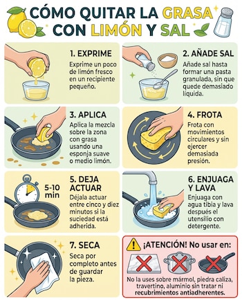 Infografía ilustrada con siete pasos y un cuadro de advertencias sobre el uso de limón y sal para limpiar grasa en sartenes