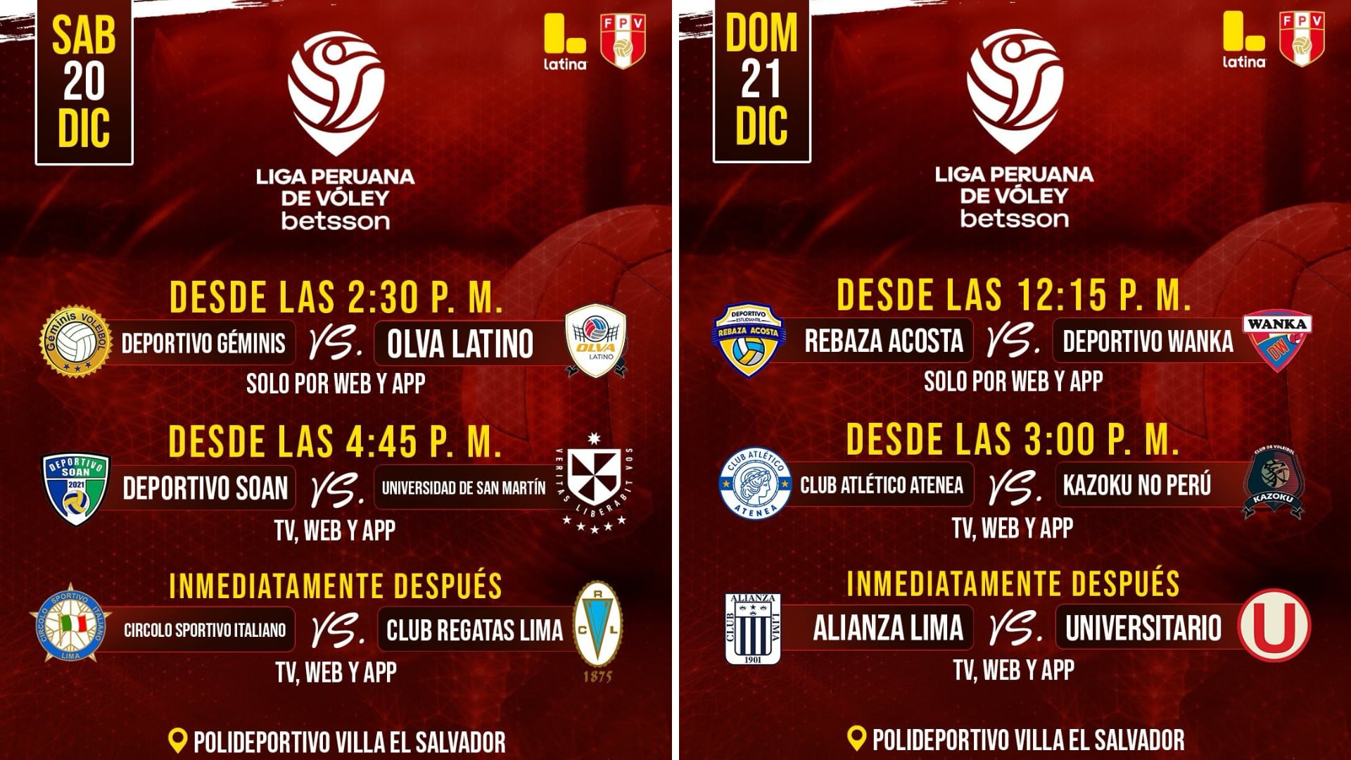 Programación de la fecha 9 de la Fase 1 de la Liga Peruana de Vóley 2025/26. Crédito: Latina