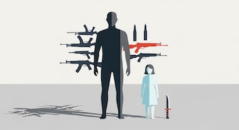 Silueta de hombre grande, silueta de mujer pequeña, seis fusiles negros, un fusil rojo, dos balas, un cuchillo y una línea divisoria central en un fondo neutro.