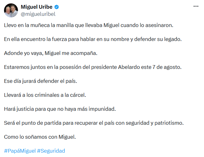Miguel Uribe aseguró que la manilla de su hijo representa una fuente de fuerza para defender su legado. - crédito @migueluribel/X