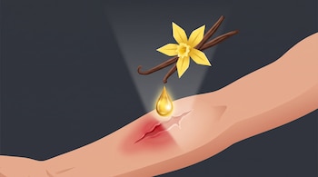 Brazo con una herida roja sobre la cual cae una gota brillante desde una flor y dos vainas de vainilla sobre fondo oscuro.