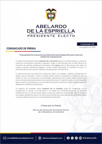 La cobertura oficial del acto del 7 de agosto estará a cargo de Estudios RCN y se ofrecerá gratis y en simultáneo a medios nacionales e internacionales en televisión, radio y plataformas digitales - crédito @ABDELAESPRIELLA/X