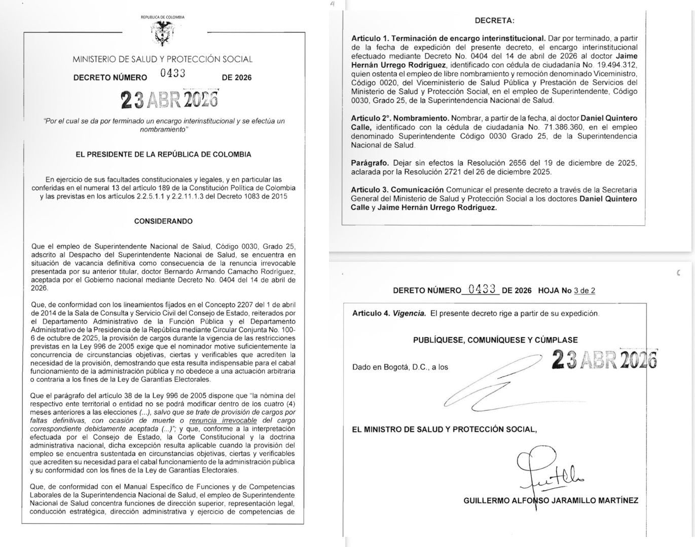 El Gobierno nacional designó de forma oficial a Daniel Quintero Calle como superintendente nacional de Salud el 23 de abril de 2026 mediante el Decreto 0433, en el marco de las facultades otorgadas por la Ley de Garantías Electorales para suplir vacantes definitivas - crédito Ministerio de Salud