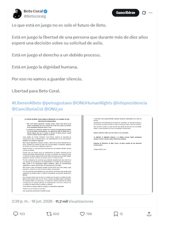 Familia de Beto Coral pidió libertad del activista y político