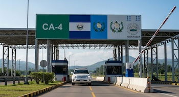 SUV blanco, casetas de control, barrera roja y blanca levantada, letrero CA-4, banderas de El Salvador, Guatemala, Honduras y Nicaragua, paisaje montañoso.