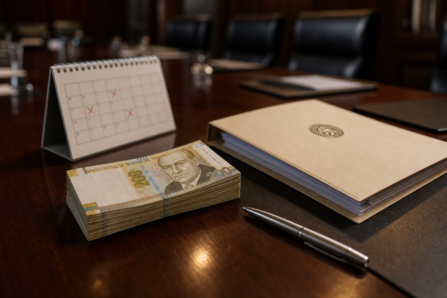 Billetes de soles peruanos y documentos de trabajo reposan sobre una mesa de reuniones configurada para el análisis económico institucional. (Imagen Ilustrativa Infobae)