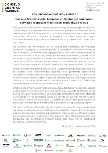 El Consejo Gremial alertó que los bloqueos en Santander amenazaban servicios esenciales y actividad productiva del país - crédito Consejo Gremial