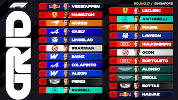 Gráfica con la lista numerada de veintidós pilotos de Fórmula 1 para el Gran Premio de Singapur con sus rostros, nombres y escuderías