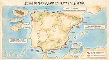 Mapa ilustrativo de España y las Islas Canarias que señala las zonas costeras con presencia de pez araña y las áreas de picaduras frecuentes.