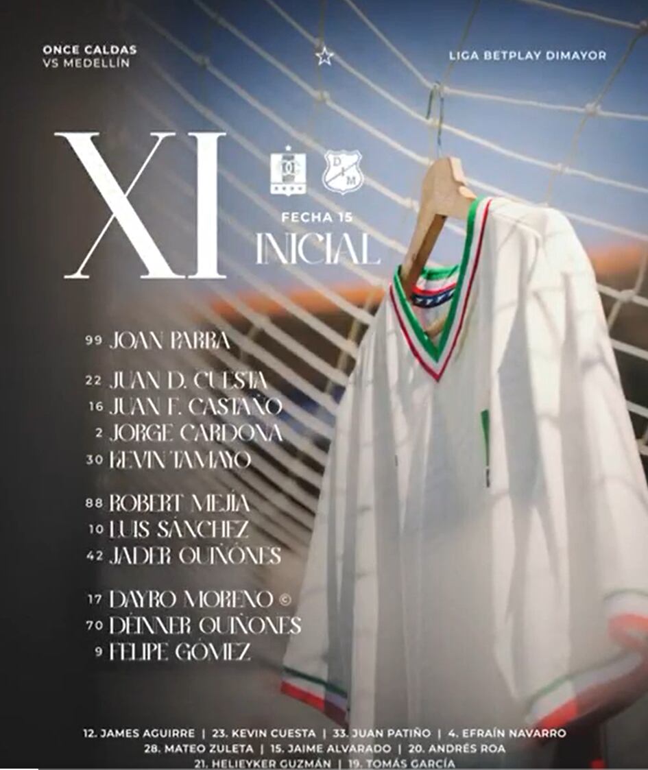 Alineación de Once Caldas contra Medellín en el estadio Palogrande - crédito Once Caldas
