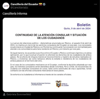 La cancillería de Ecuador afirmó