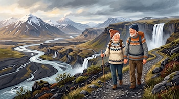 Ilustración de dos adultos mayores con abrigos y mochilas en un camino de montaña junto a cascadas, un río y picos nevados.