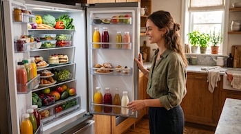 Una mujer de perfil sostiene la puerta abierta de un refrigerador lleno de frutas, verduras, bebidas en botellas y repostería.