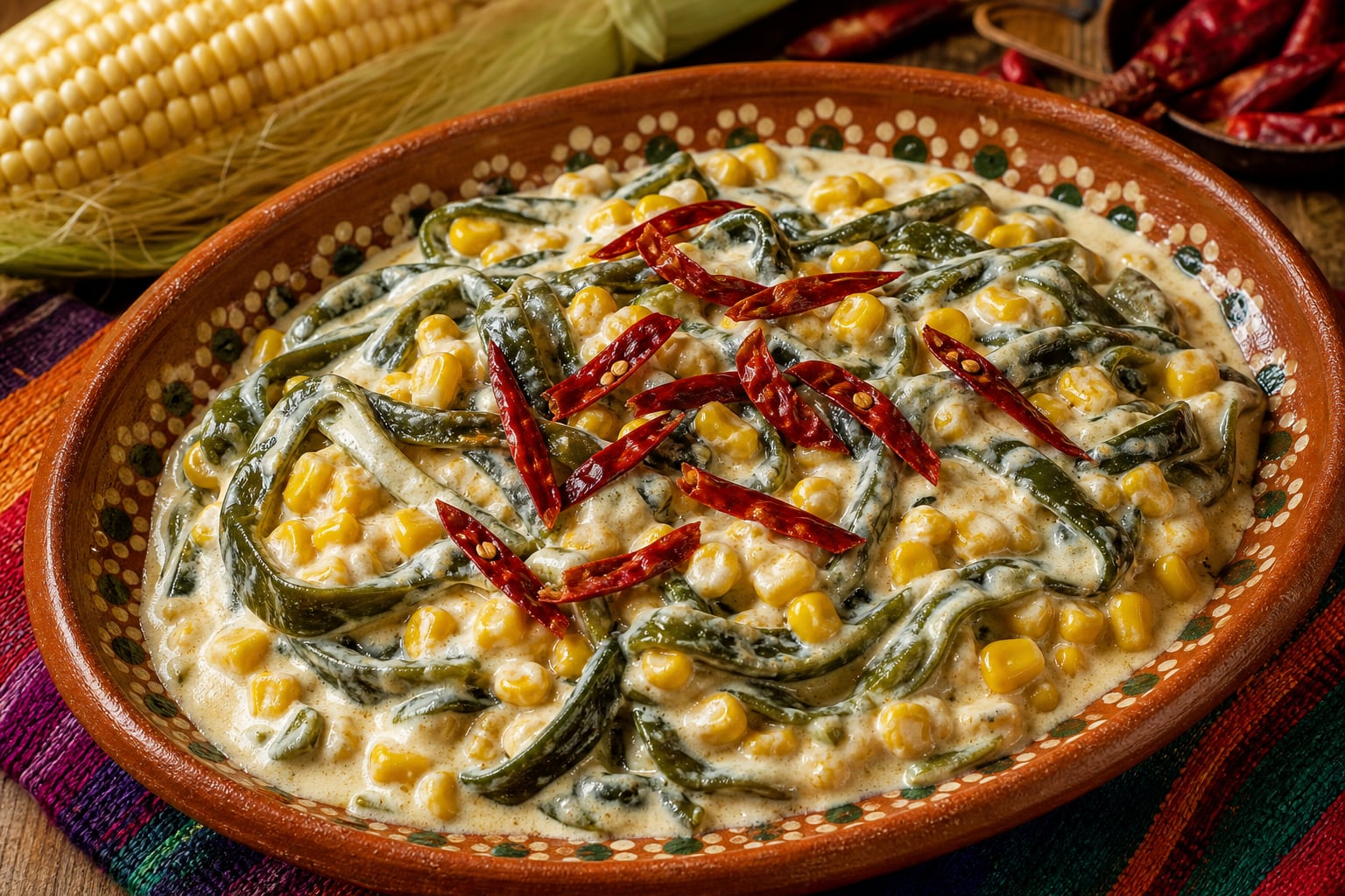 Un plato de rajas de chile poblano preparadas con crema, granos de maíz y chiles de árbol secos forma parte de la gastronomía tradicional mexicana. (Imagen Ilustrativa Infobae)