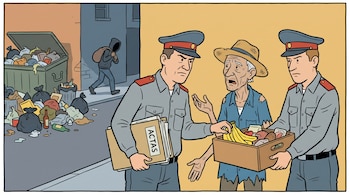 Dibujo de dos agentes uniformados que toman una caja de frutas de un anciano frente a un contenedor con basura y una persona encapuchada.