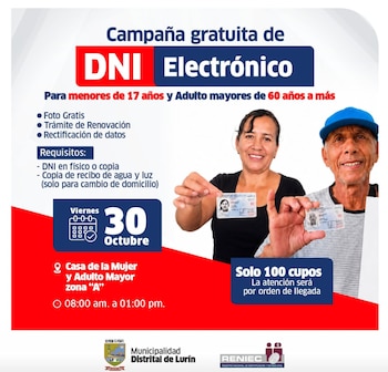Los beneficiarios podrán acceder a la toma gratuita de fotografías, la renovación del DNI y la rectificación de datos personales - Créditos: Municipalidad de Lurín.