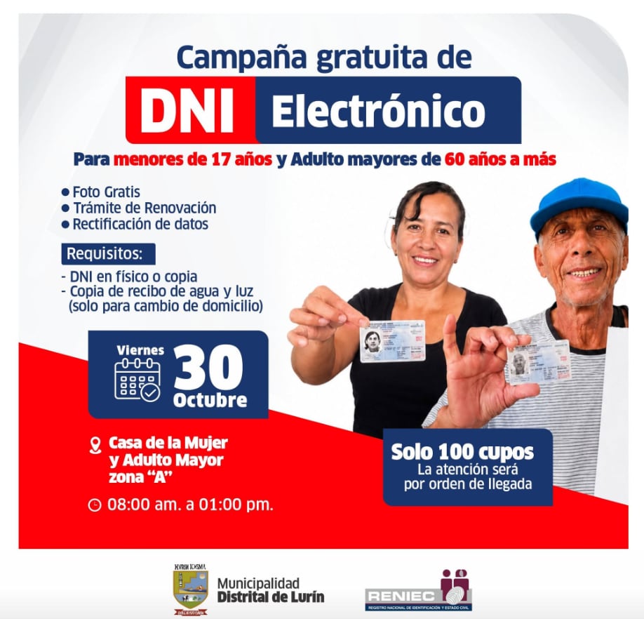 Los beneficiarios podrán acceder a la toma gratuita de fotografías, la renovación del DNI y la rectificación de datos personales - Créditos: Municipalidad de Lurín.