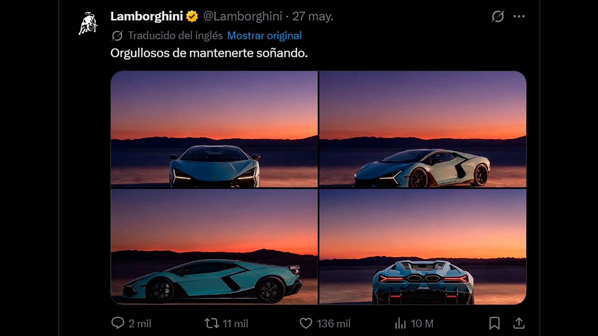 Lamborghini publicó una imagen de su Revuelto híbrido en el mismo color que el Ferrari Luce, sumándose a la crítica de su rival eléctrico. (Lamborghini)