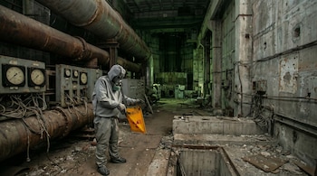 Un hombre con traje protector gris y máscara de gas sostiene una bandera amarilla con símbolo de radiación, parado en un reactor nuclear de Chernóbil en ruinas.