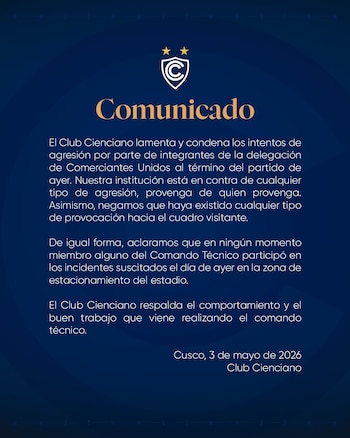 Comunicado de Cienciano tras los altercados con Comerciantes Unidos en Cusco. - créditos: Cienciano